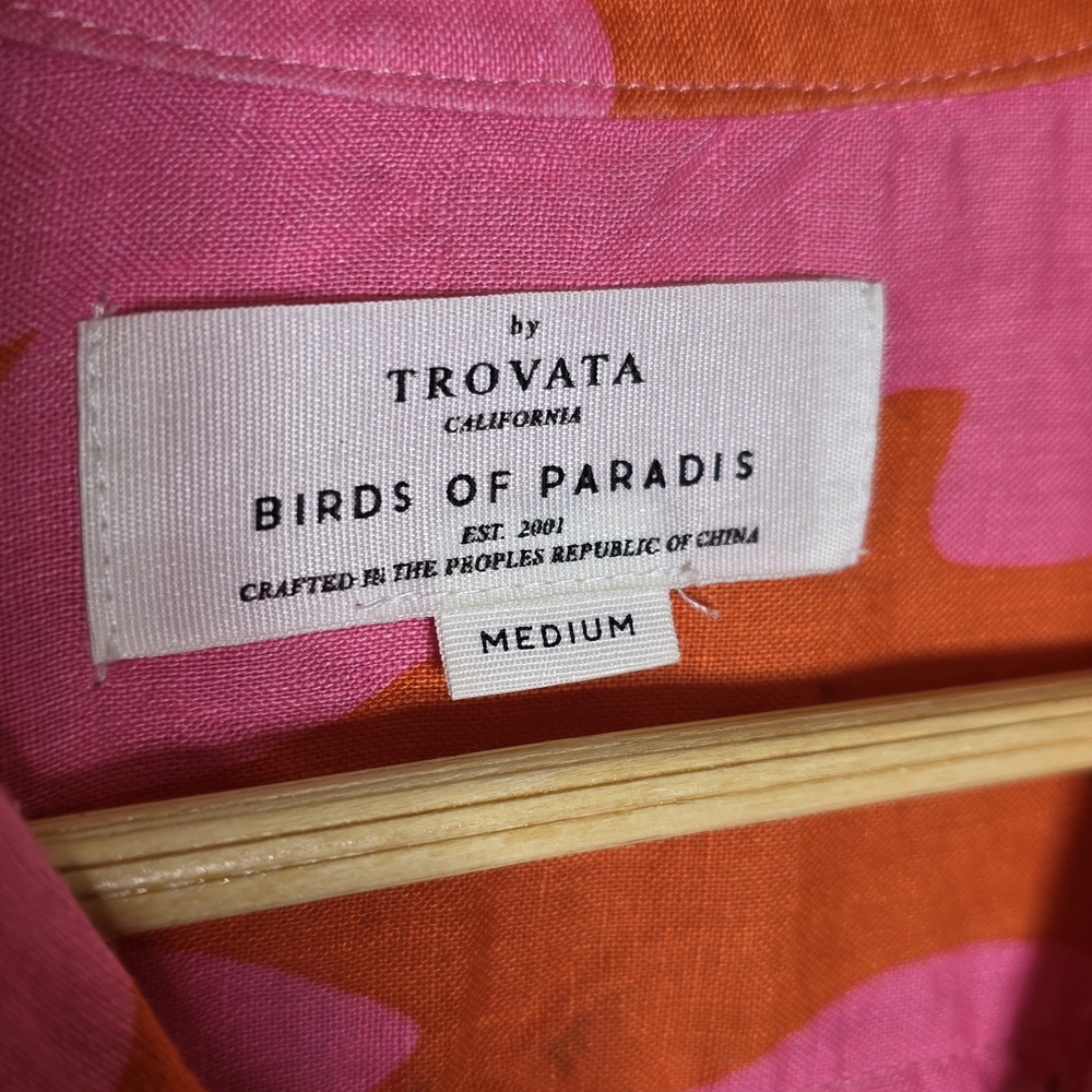 Trovata Birds of Paradise Margot shirt Pink palm print 100% Linen Size Medium - Picture 6 of 11